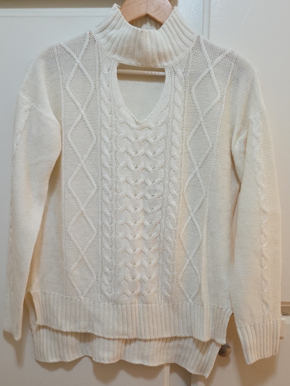 Moral Fiber Cream Cable Knit Cutout Turtleneck Sweater